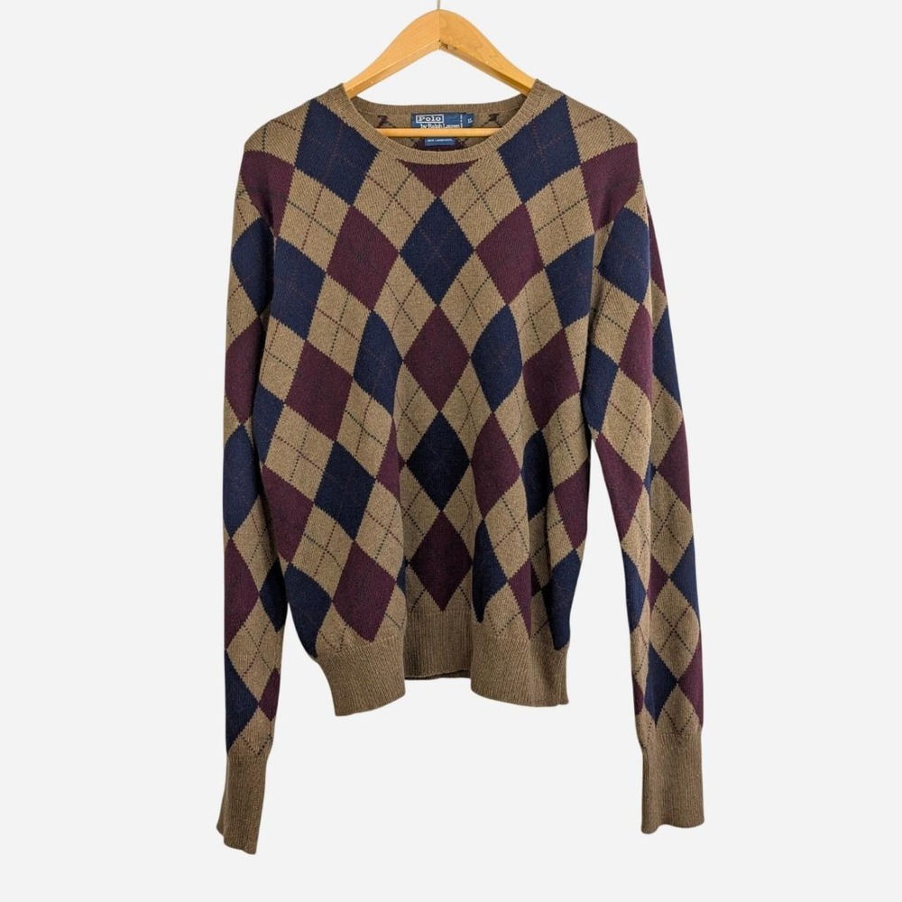 Vintage 90s Polo Ralph Lauren Argyle Lambswool Crewneck Sweater Brown Ivy XL